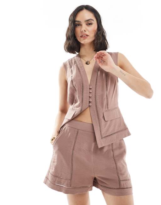 ASOS DESIGN - Elegante short met opengewerkte rand in mokka, deel van co-ord set , 2 van 5