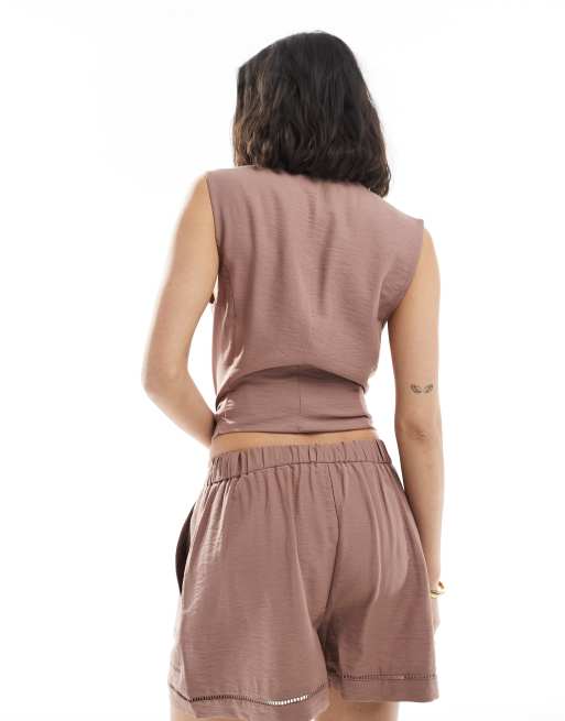 ASOS DESIGN - Elegante short met opengewerkte rand in mokka, deel van co-ord set , 5 van 5