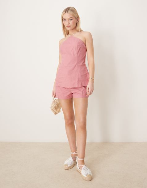 ASOS DESIGN - Elegante short van linnenmix met kraaldetail in roze, deel van co-ord set - view 1
