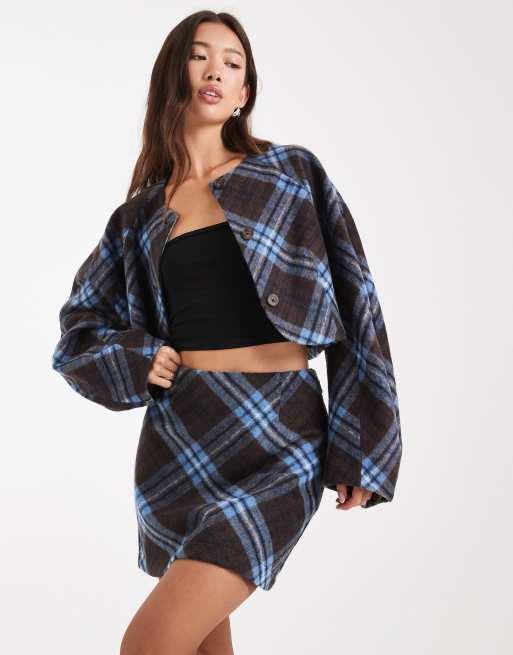 ASOS DESIGN - Elegante skort in geborsteld blauw en bruin geruit, deel van co-ord set