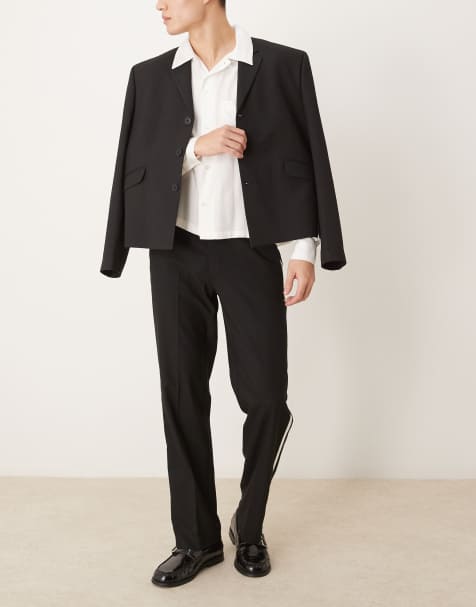 ASOS DESIGN – Elegante Smoking-Hose in Schwarz mit geradem Bein und weißem seitlichem Streifen - view 1