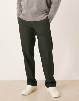 Elegante Straight-Leg-Hose in Grün mit Wollanteil und Fischgrätmuster Grün 44 Regular
