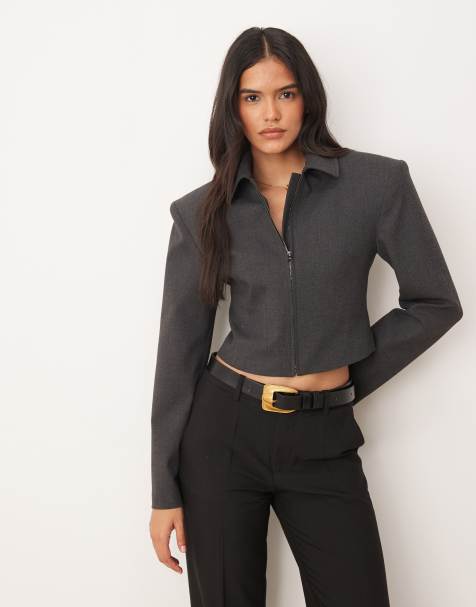ASOS DESIGN – Elegante, taillierte Cropped-Jacke in Anthrazit mit durchgehendem Reißverschluss, Kombiteil - view 1