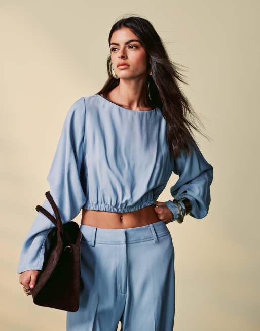 ASOS DESIGN - Elegante top met geplooide mouwen in lichtblauw, deel van co-ord set, 2 van 4