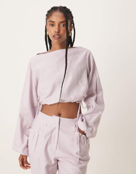 ASOS DESIGN - Elegante top met linnenlook en pareldetail in lila, deel van co-ord set - view 1