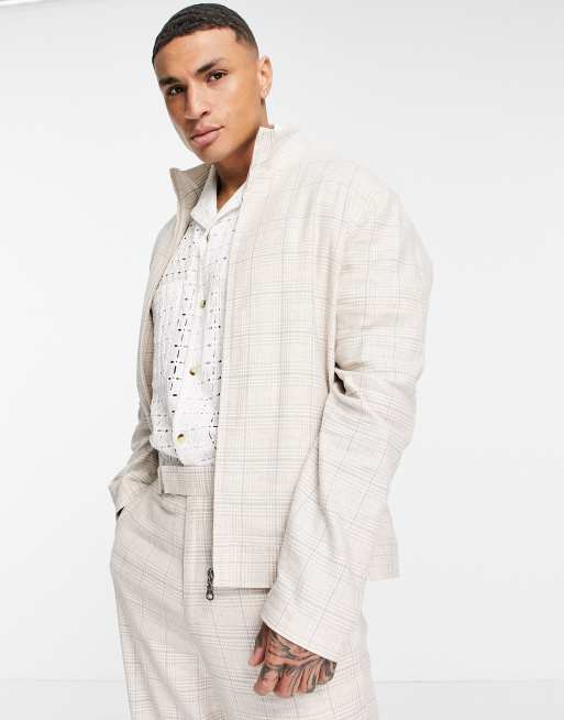 ASOS DESIGN – Elegante Trainingsjacke aus Leinenmischung mit Karomuster in Beige, Kombiteil