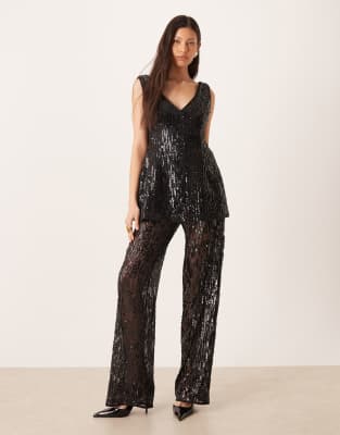 ASOS DESIGN - Elegante, transparente Hose in Schwarz mit weitem Bein und Paillettenbesatz, Kombiteil