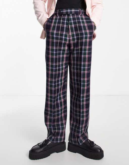 ASOS DESIGN – Elegante Twill-Hose in Marineblau mit weitem Bein und leuchtendem Schottenkaromuster