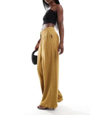 Thumbnail - ASOS DESIGN - Elegante, weit geschnittene Hose in Olivgrün mit hohem Bund, Ziernaht und Leinenanteil
