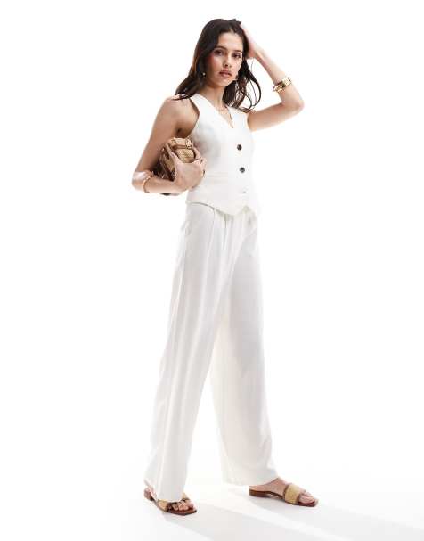 ASOS DESIGN – Elegante, weit geschnittene Hose in Weiß mit hohem Bund, Ziernaht und Leinenanteil - view 1