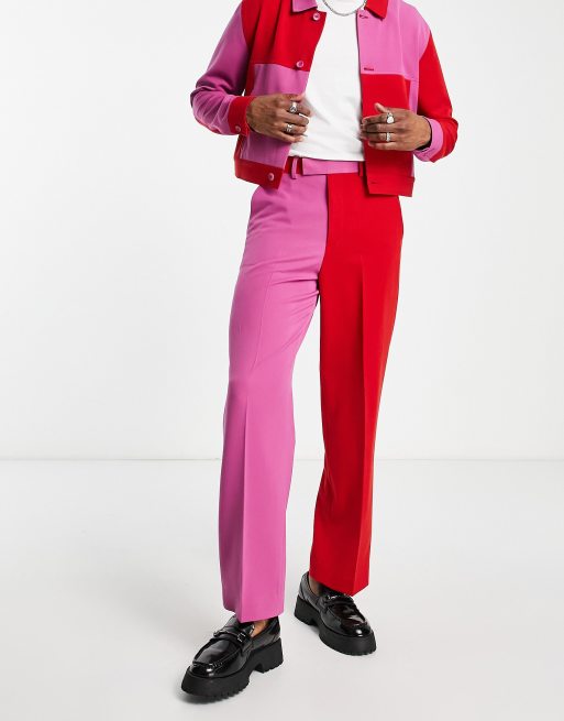 ASOS DESIGN – Elegante, weite Hose mit knalligem Farbblockdesign in Rosa und Rot, Kombiteil
