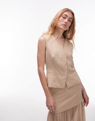 ASOS DESIGN - Elegante Weste in Steinbeige mit hohem Reversansatz, Kombiteil-Neutral