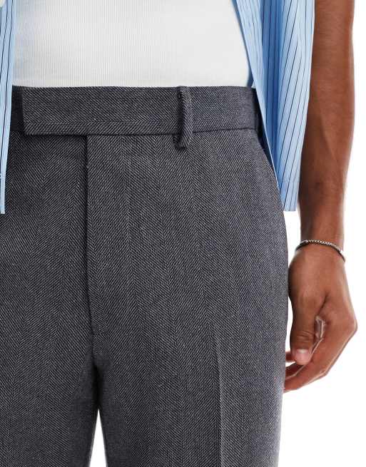 ASOS DESIGN – Elegante Wollmix-Hose in Anthrazit mit geradem Bein und Fischgrätmuster, 5 von 5