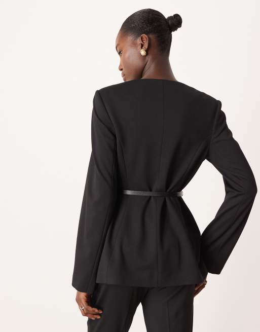ASOS DESIGN – Eleganter Anzugblazer aus Ponte-Stoff in Schwarz mit hohem Ausschnitt und Gürtel, 4 von 4