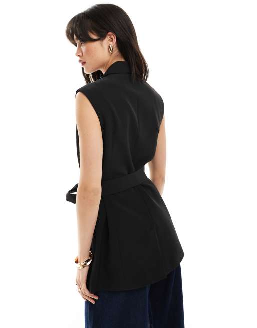 ASOS DESIGN – Eleganter, ärmelloser Blazer in Schwarz mit Bindegürtel, 3 von 4