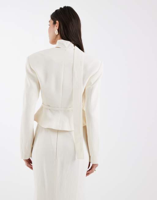 ASOS DESIGN – Eleganter Blazer in Cremeweiß mit Schulter- und Halstuchdetail, Kombiteil, 4 von 4