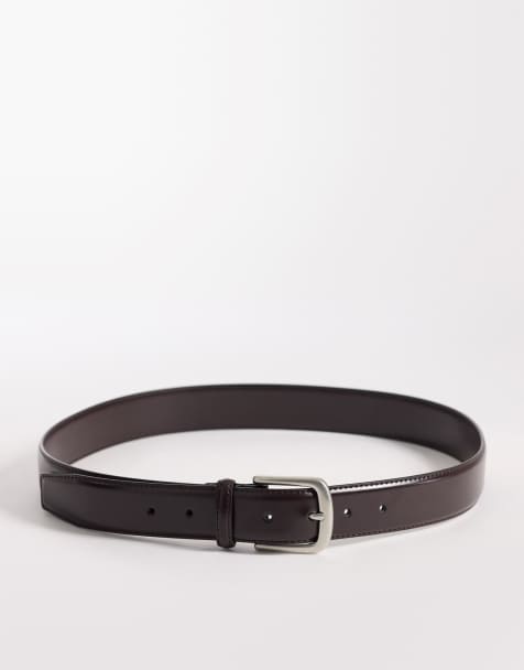 ASOS DESIGN – Eleganter Leder-Gürtel in Dunkelbraun mit silberfarbener Schnalle - view 1