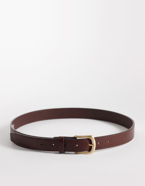 ASOS DESIGN – Eleganter Ledergürtel in Braun mit einzelnem Nietendesign und abgerundeter, goldfarbener Schnalle - view 1