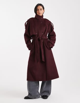 ASOS DESIGN - Eleganter Longline-Trenchcoat in Burgunderrot mit Stehkragen