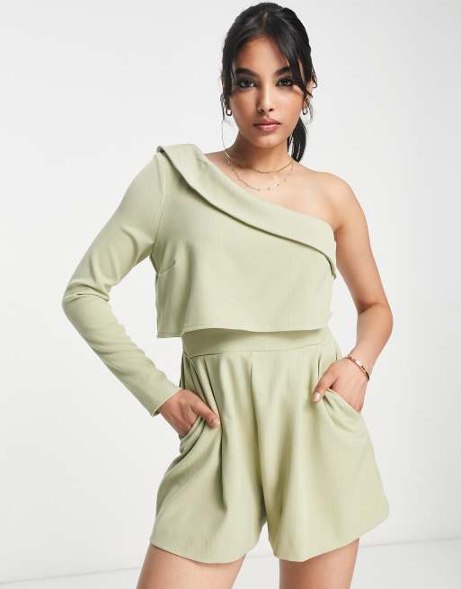 ASOS DESIGN Eleganter Playsuit in Salbeigrun mit One Shoulder Trager ASOS