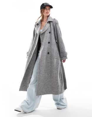 ASOS DESIGN - Eleganter Trenchcoat aus Kunstwolle in Salz und Pfeffer-Schwarz