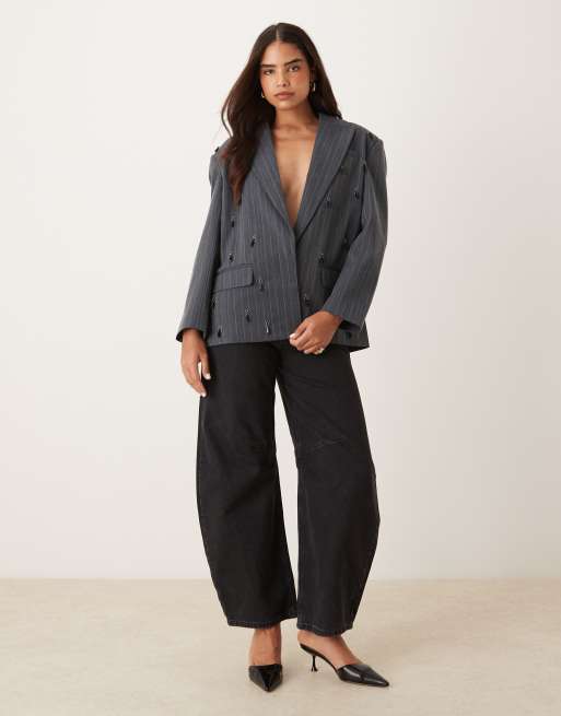 ASOS DESIGN – Eleganter, verzierter Oversize-Blazer in Grau mit Nadelstreifen, 2 von 4