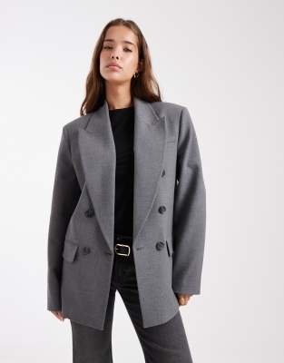 ASOS DESIGN - Eleganter, zweireihiger Blazer in meliertem Grau mit stark betonter Schulterpartie