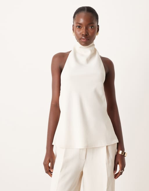 ASOS DESIGN – Elegantes geschmeidiges Neckholder-Oberteil in Creme, Kombiteil, 4 von 4