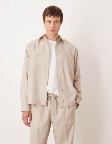 ASOS DESIGN – Elegantes, gestreiftes Hemd in Steinbeige mit lockerem Schnitt, Kombiteil  - view 1