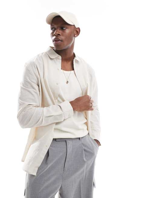 ASOS DESIGN – Elegantes Hemd aus Leinenmix in Ecru mit normalem Schnitt und abgerundetem Kragen 