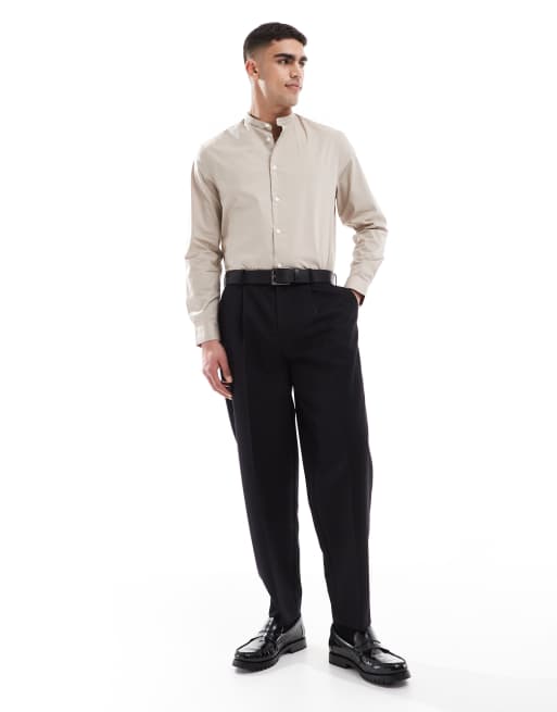ASOS DESIGN – Elegantes Hemd in dunklem Steinbeige mit regulärem Schnitt und Grandad-Kragen, 4 von 4