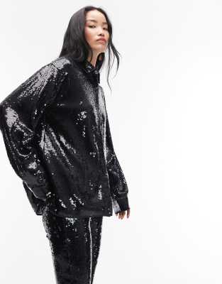 ASOS DESIGN - Elegantes hochwertiges Oversize-Hemd mit Pailletten in Marineblau, Kombiteil