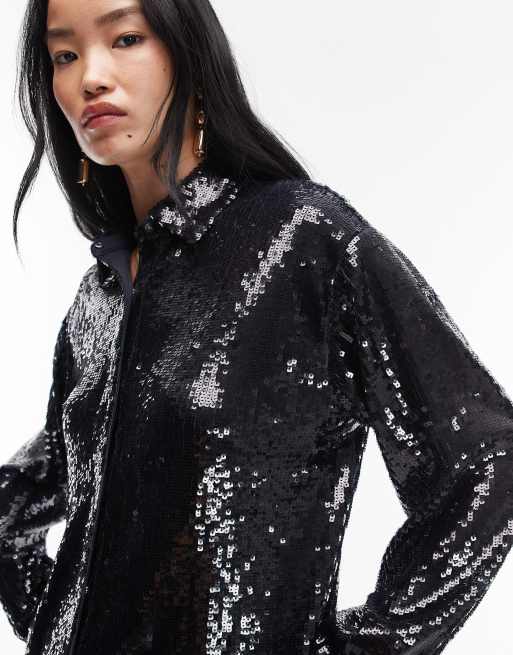 ASOS DESIGN – Elegantes hochwertiges Oversize-Hemd mit Pailletten in Marineblau, Kombiteil, 3 von 4