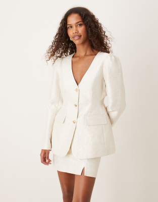 ASOS DESIGN - Elegantes Jacquard-Oberteil in Cremeweiß mit Puffärmeln, Kombiteil
