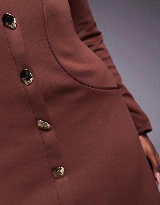 ASOS DESIGN – Elegantes, langärmliges Minikleid in Braun mit goldfarbenen Knöpfen, 4 von 4