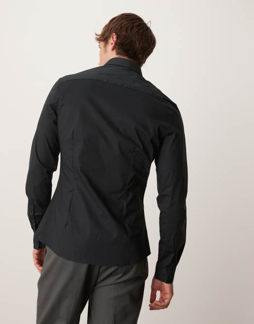 ASOS DESIGN – Elegantes, leicht zu bügelndes Popeline-Hemd in Schwarz mit Skinny Regular Fit-Schnitt, 4 von 4
