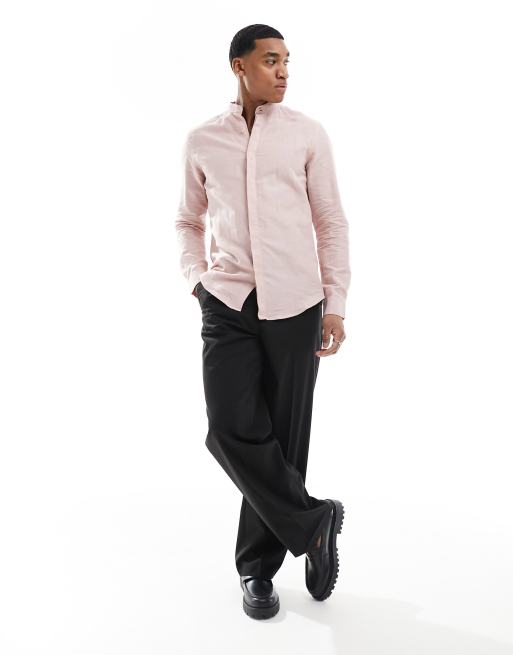 ASOS DESIGN – Elegantes Regular-Fit-Leinenhemd in Staubrosa mit tiefem Grandad-Kragen, 2 von 4
