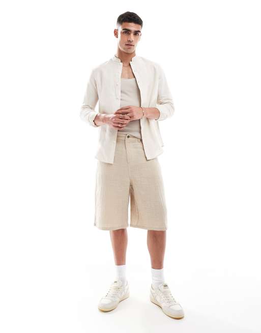 ASOS DESIGN – Elegantes Regular-Fit-Leinenhemd mit Mandarin-Kragen in Ecru, 3 von 4