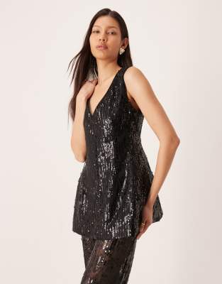 ASOS DESIGN - Elegantes, tailliertes Schößchenoberteil in Schwarz mit V-Ausschnitt und Paillettenbesatz, Kombiteil