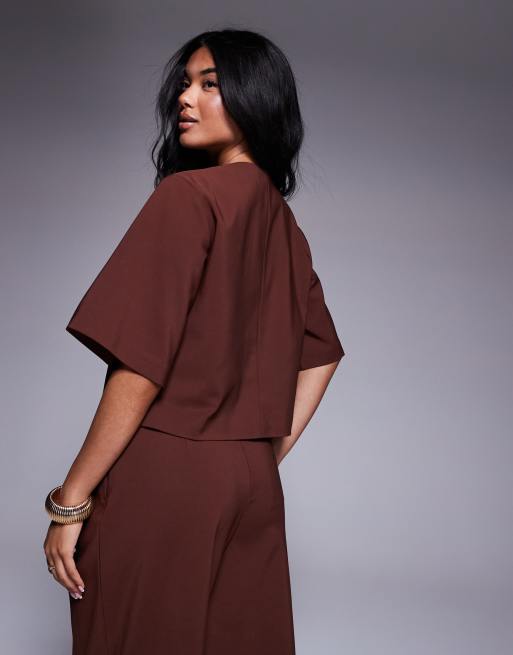 ASOS DESIGN – Elegantes Wickel-Oberteil in Schokobraun mit goldfarbenem Knopf, Kombiteil, 4 von 4