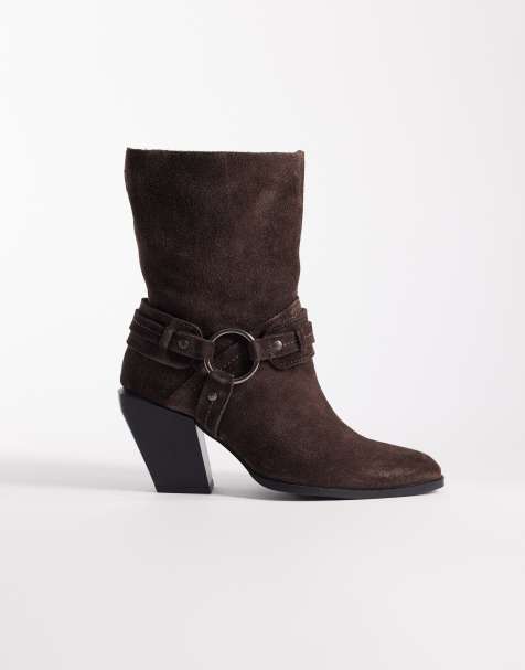 ASOS DESIGN - Elena - Bottines style santiag en daim à détail harnais - Chocolat - view 1
