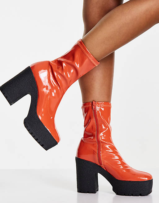 ASOS DESIGN Elena high heeled sock boots in orange patent