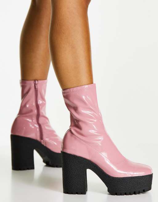 ASOS DESIGN Elena high heeled sock boots in pink patent