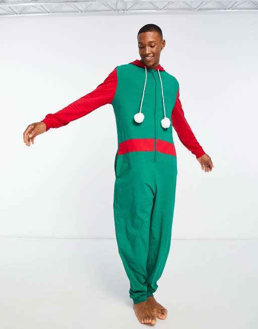 ASOS DESIGN elf Christmas all in one in green and red with hood