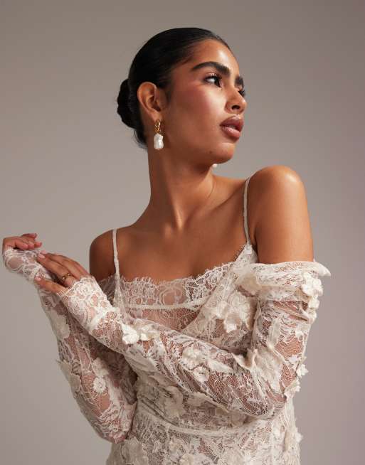 ASOS DESIGN - Elfenbens maxi-brudekjole med markant application-blonder og fiskehale, 2 af 6