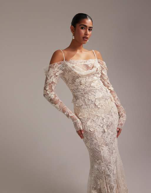 ASOS DESIGN - Elfenbens maxi-brudekjole med markant application-blonder og fiskehale, 4 af 6