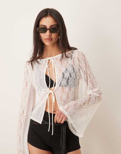 ASOS DESIGN - Elfenbensfarvet 2-i-1 top i blondestof med lange trompetærmer og bindebånd på ryggen - view 1