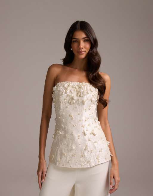 ASOS DESIGN - Elfenbensfarvet bandeau-top med perleudsmykning, 3 af 5
