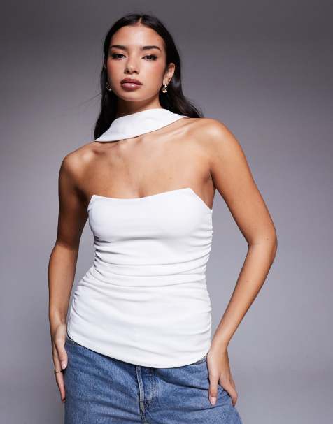 ASOS DESIGN - Elfenbensfarvet longline-bandeautop med struktur og halstørklædedetalje - view 1