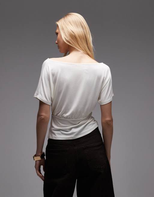 ASOS DESIGN - Elfenbensfarvet offshoulder-top med tætsiddende talje og knapdetaljer, 4 af 4